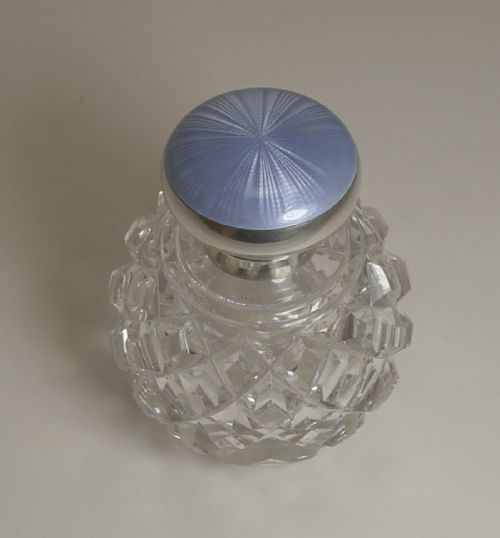 Antique English Cut Crystal, Sterling Silver & Guilloche Enamel Perfume Bottle