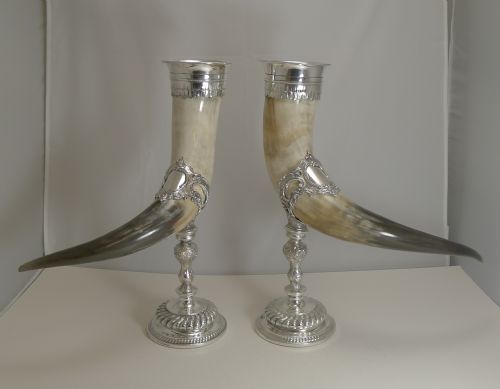 Outstanding Large Pair Horn and Silver Plate Cornucopia C.1900