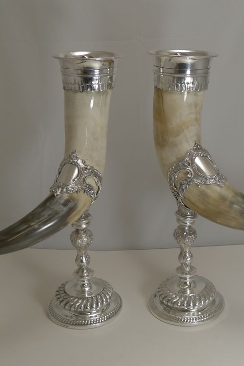 fig 1. Outstanding Large Pair Horn and Silver Plate Cornucopia c.1900