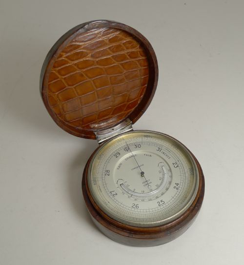 Rare Antique Asprey Crocodile Cased Desk Thermometer / Barometer C.1910