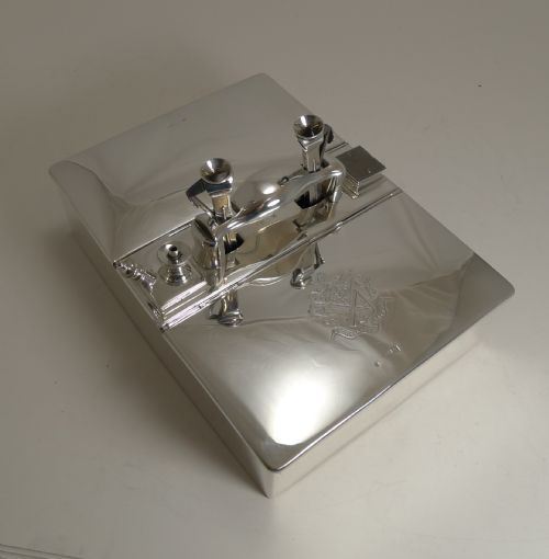 Antique English Sterling Silver Cigar Box or Humidor / Cutters / Lighter / Vesta - 1898