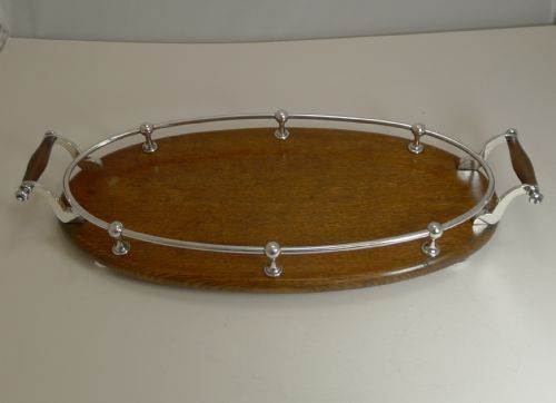 Antique English Oak and Silver Plate Drinks / Cocktail Tray C.1900