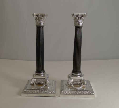 Fine Rare Pair Antique English Silver Plate and Carved Ebony Candlesticks - 1882