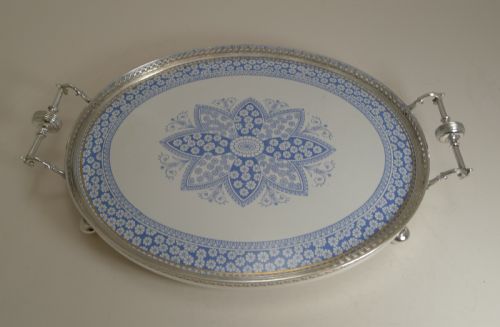 Antique English Silver Plate and Ceramic Blue and White Serving Tray C.1880