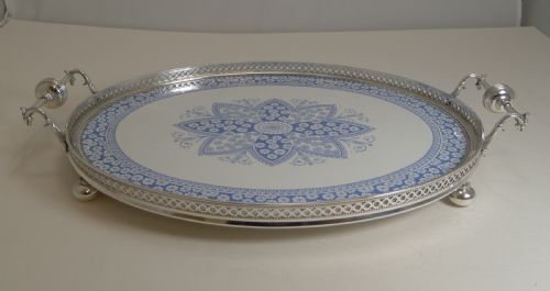 fig 1. Antique English Silver Plate and Ceramic Blue and White Serving Tray c.1880