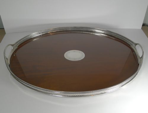 Large Antique English Mahogany and Sterling Silver Tray - 1883