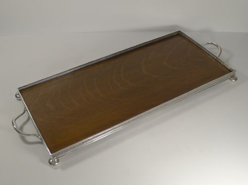 Antique Oak and Silver Plate Drinks / Cocktail Tray C.1900