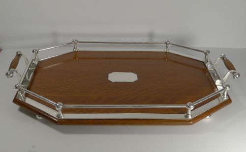
Antique English Oak and Silver Plate Tray C.1900