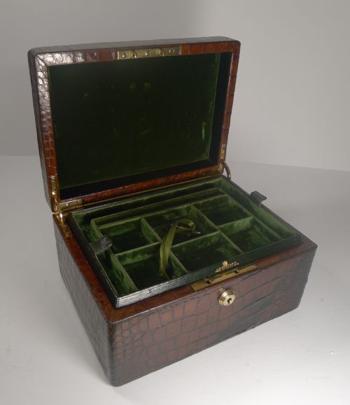Large Antique English Crocodile Jewellery Box by Vickery C.199