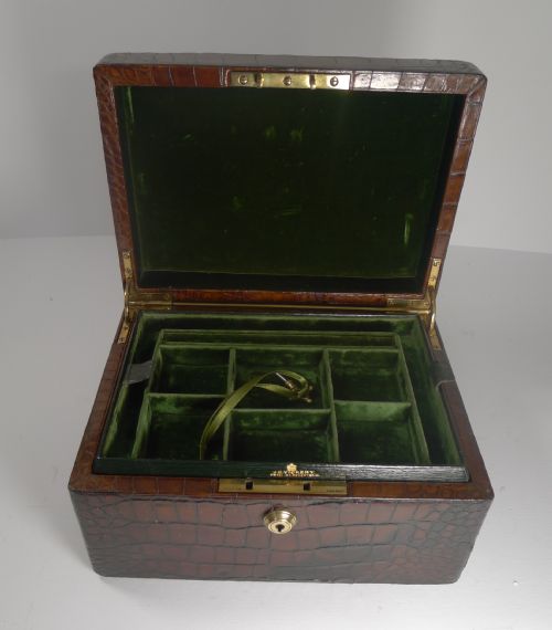 fig 1. Large Antique English Crocodile Jewellery Box by Vickery c.199