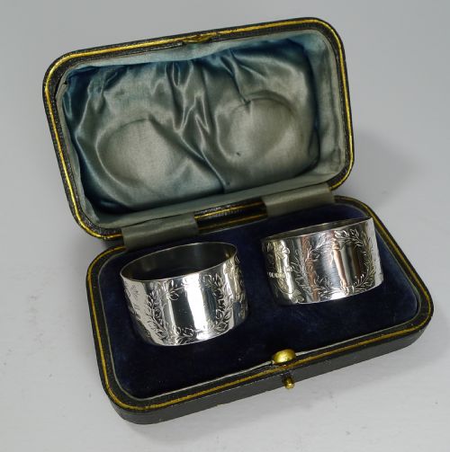 Pair Boxed Victorian Sterling Silver Napkin Rings - 1889