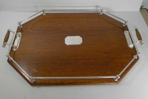 Large Antique Oak & Silver Plated Drinks / Cocktail Tray