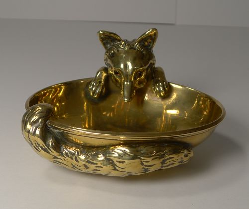 Antique English Brass Vide Poche / Dish - Fox with Glass Eyes C.1890