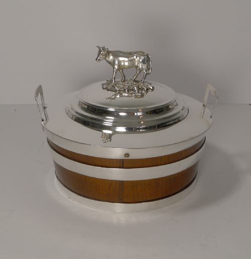 Excellent Oak and Silver Plate "Cow" Butter Dish C.1900