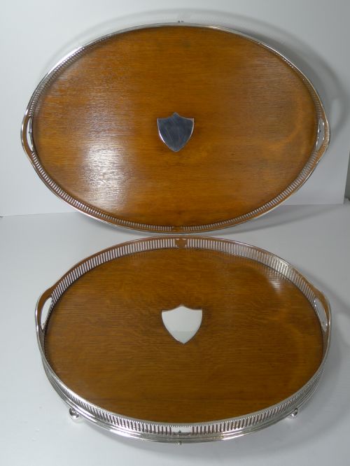 Grand Graduated Pair Late Victorian Oak and Silver Plate Serving Trays