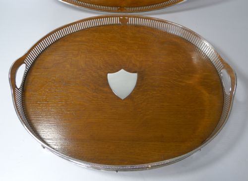 fig 1. Grand Graduated Pair Late Victorian Oak and Silver Plate Serving Trays
