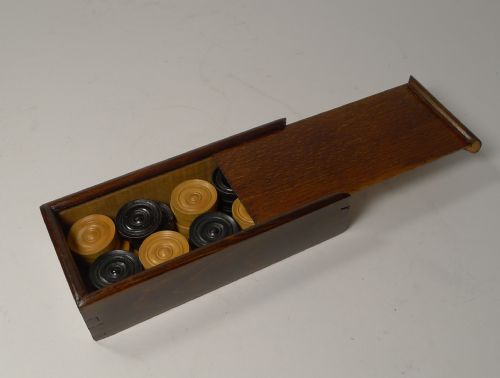 Antique English Boxed Set Ebony & Boxwood Draughts / Checkers / Backgammon Counters C. 1900