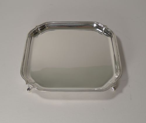 English Art Deco Square Solid Silver Salver - 20.8 Cm - 379 Grams