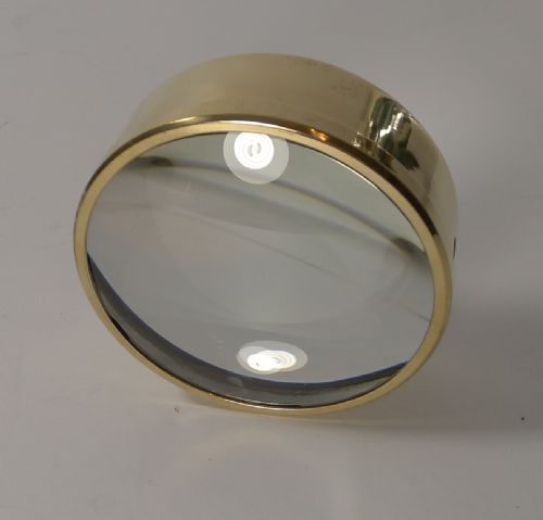 English Antique Brass Desk Magnifying Glass / Paperweight C.1910