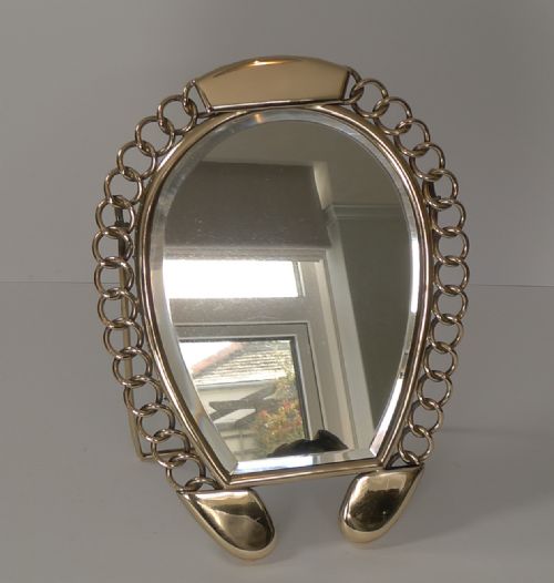 Large Victorian Polished Brass Horseshoe Table Mirror C.1880