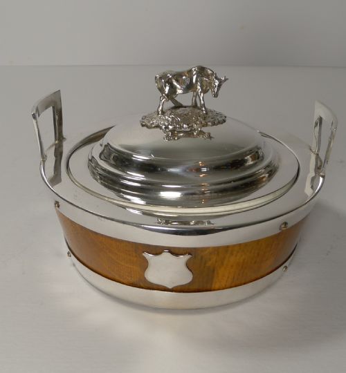 Excellent Oak and Silver Plate "Cow" Butter Dish C.1890