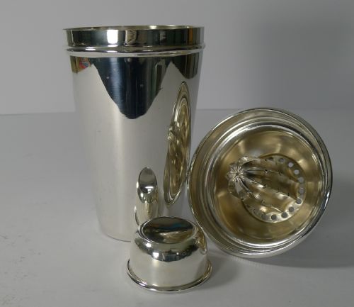 English Silver Plated Cocktail Shaker with Lemon Squeezer by Goldsmiths and Silversmiths Co.