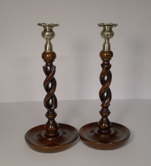 Pair 12" Antique English Oak Barley Twist Candlesticks - Brass Thistle Tops