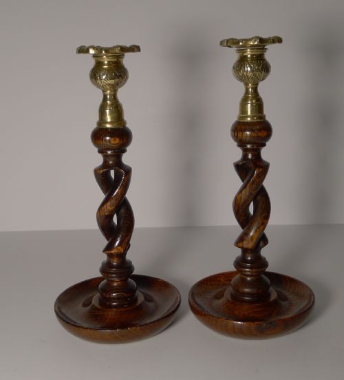 Pair 10" Antique English Oak Barley Twist Candlesticks - Brass Thistle Tops