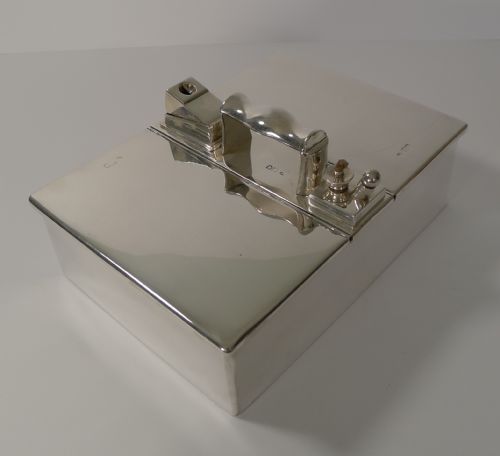 Antique English Sterling Silver Cigar Box or Humidor / Cutters / Lighter 1906