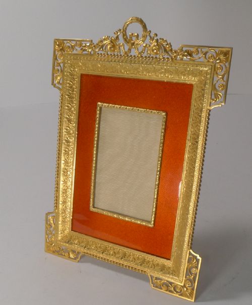Superb Antique French Gilded Bronze & Orange Enamel Picture Frame C.1900