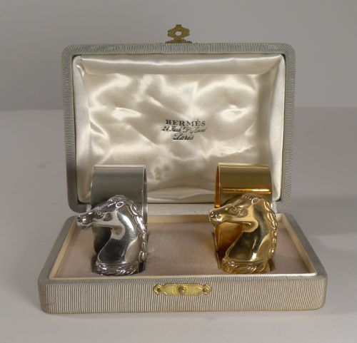 Pair Vintage Cased Horse Head Napkin Rings by Hermes, Paris