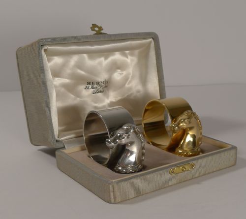 fig 1. Pair Vintage Cased Horse Head Napkin Rings by Hermes, Paris