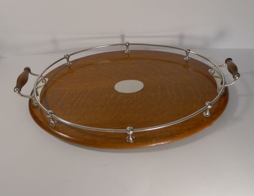 Antique English Oak and Silver Plated Drinks / Cocktail Tray C.1900