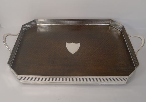 Large English Antique Oak & Silver Plated Cocktail / Drinks Tray C.1890