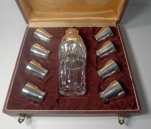 French Art Deco Crystal and Silver Plated Cocktail Shaker / Set by St. Medard, Paris