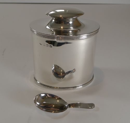 Art Deco English Sterling Silver Tea Caddy & Integral Spoon