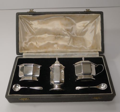 English Art Deco Sterling Silver Condiment Set by Henry Clifford Davis