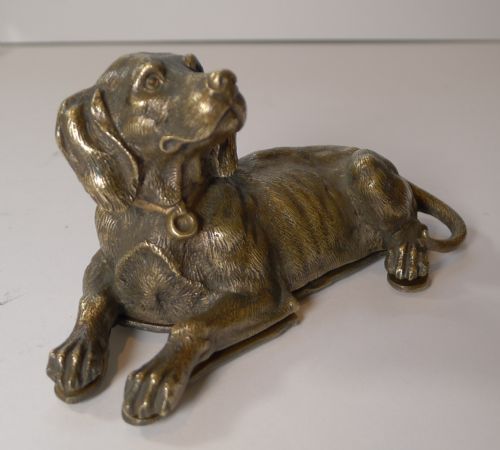 Handsome Antique English Bronze Dog Double Postage Stamp Box C.1880