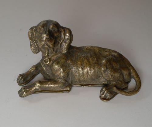 fig 1. Handsome Antique English Bronze Dog Double Postage Stamp Box c.1880