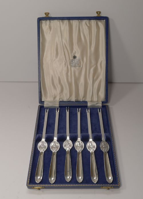 Set Six Cased Silver Plated Lobster / Seafood Picks - Garrard, London