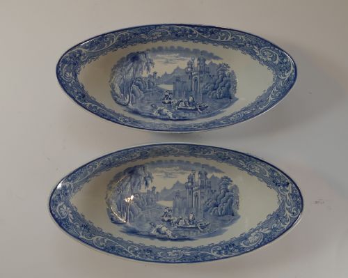 Pair Antique Ridgway Blue & White Bowls - Venice C.1920