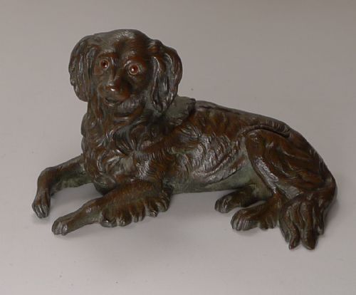 ANTIQUE ENGLISH BRONZE DOG INKWELL KING CHARLES SPANIEL C1880 - ADDITIONAL PHOTO 1