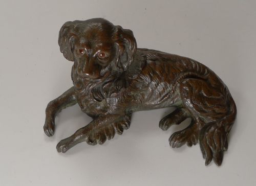 ANTIQUE ENGLISH BRONZE DOG INKWELL KING CHARLES SPANIEL C1880 - ADDITIONAL PHOTO 2