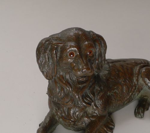 ANTIQUE ENGLISH BRONZE DOG INKWELL KING CHARLES SPANIEL C1880 - ADDITIONAL PHOTO 3