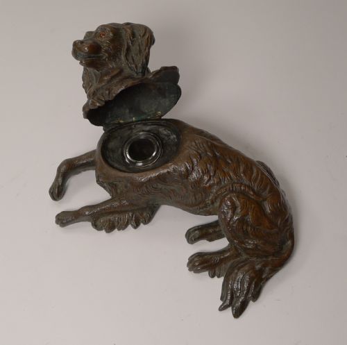 ANTIQUE ENGLISH BRONZE DOG INKWELL KING CHARLES SPANIEL C1880 - ADDITIONAL PHOTO 8