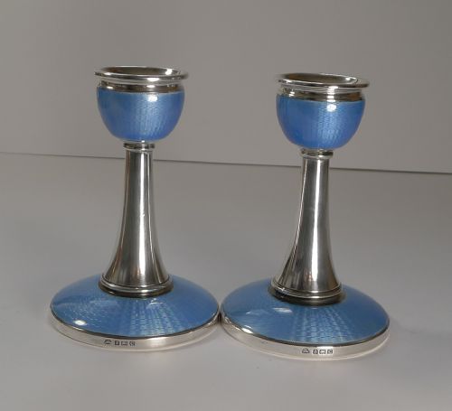 Pair English Sterling Silver & Blue Guilloche Enamel Candlesticks - 1927