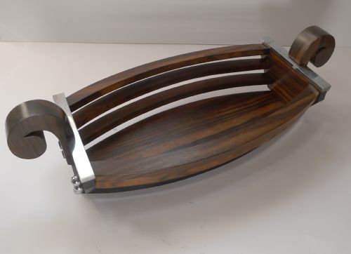 Fabulous Large Art Deco Macassar and Chromium Boat Shaped Bowl or Basket C.1930
