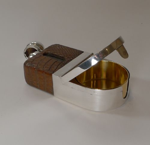 Rare Silver Plate, Gold Plate and Crocodile Hip / Spirit Flask by Asprey