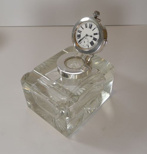 Mammoth Antique English Sterling Silver and Glass Pocket Watch Inkwell