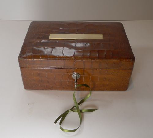 SMART ANTIQUE ENGLISH CROCODILE ALLIGATOR SKIN JEWELLERY BOX C1890 - ADDITIONAL PHOTO 15